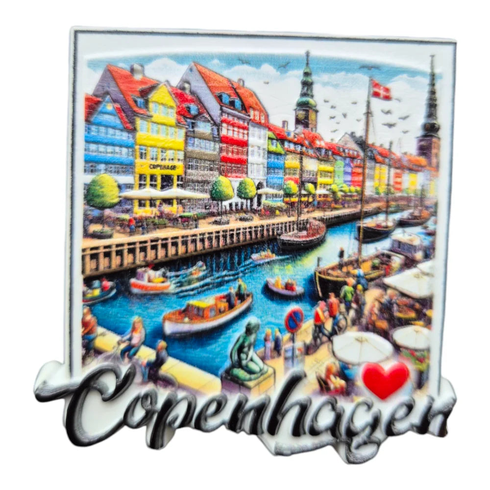 Colorful Copenhagen souvenir magnet featuring iconic Nyhavn waterfront view with boats and lively atmosphere
