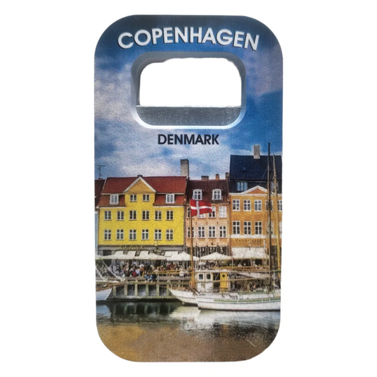 Custom Copenhagen bottle opener featuring colorful buildings and the iconic harbor scene
