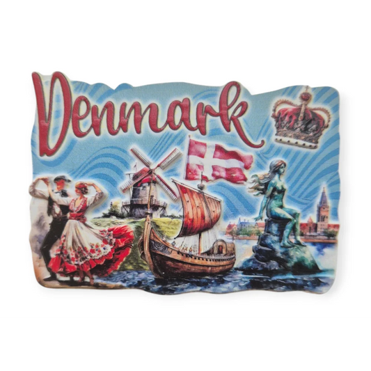 Colorful Denmark fridge magnet featuring iconic landmarks and cultural symbols of Denmark