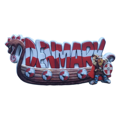 Denmark fridge magnet ship featuring a Viking longboat and colorful lettering for souvenirs