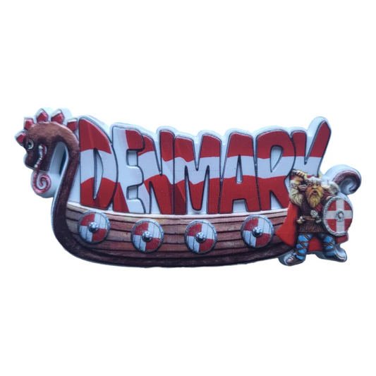 Denmark fridge magnet ship featuring a Viking longboat and colorful lettering for souvenirs
