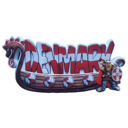 Denmark fridge magnet ship featuring a Viking ship and colorful lettering for a unique souvenir