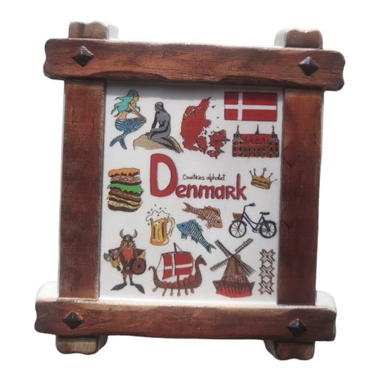 Colorful Denmark fridge magnet featuring iconic symbols and designs representing Denmark