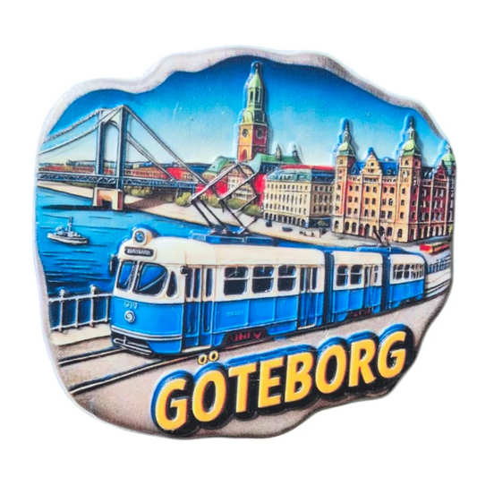 Gothenborg fridge magnet featuring a historic tram and famous city landmarks