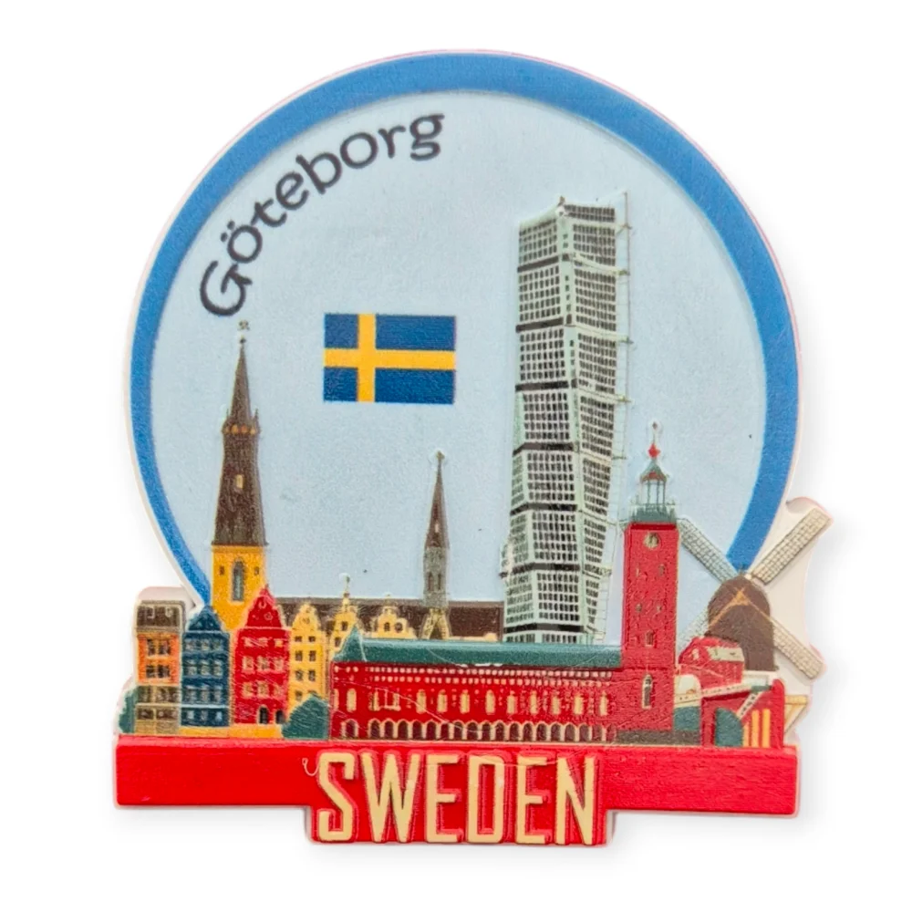 Gothenburg fridge magnet featuring colorful cityscape and Sweden flag design
