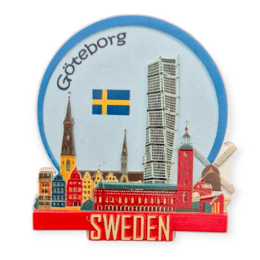 Gothenburg fridge magnet featuring colorful cityscape and Sweden flag design
