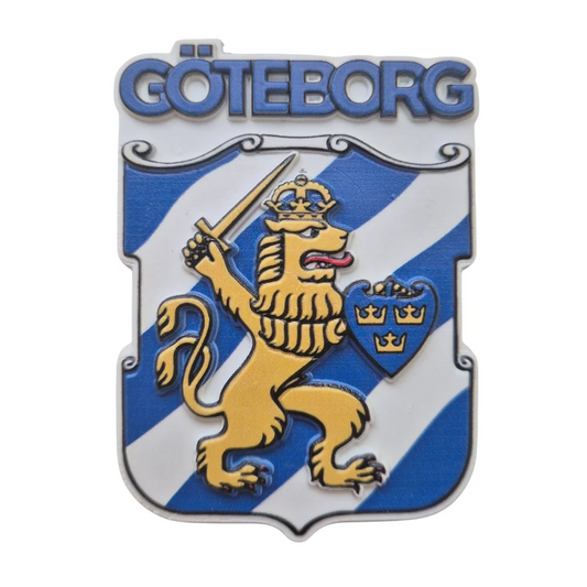 Gothenburg Sweden souvenir magnet featuring blue and white stripes and a lion crest design