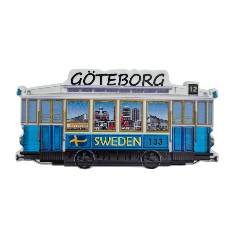 Gothenburg tram souvenir fridge magnet featuring a detailed tram design with cityscape and flag