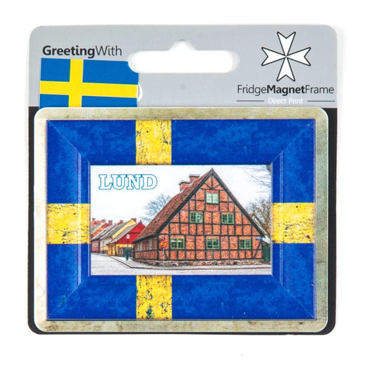Lund souvenir magnet featuring a colorful Swedish design with a historic building image
