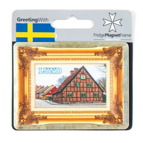 Lund themed magnets featuring a historic building design in a decorative frame