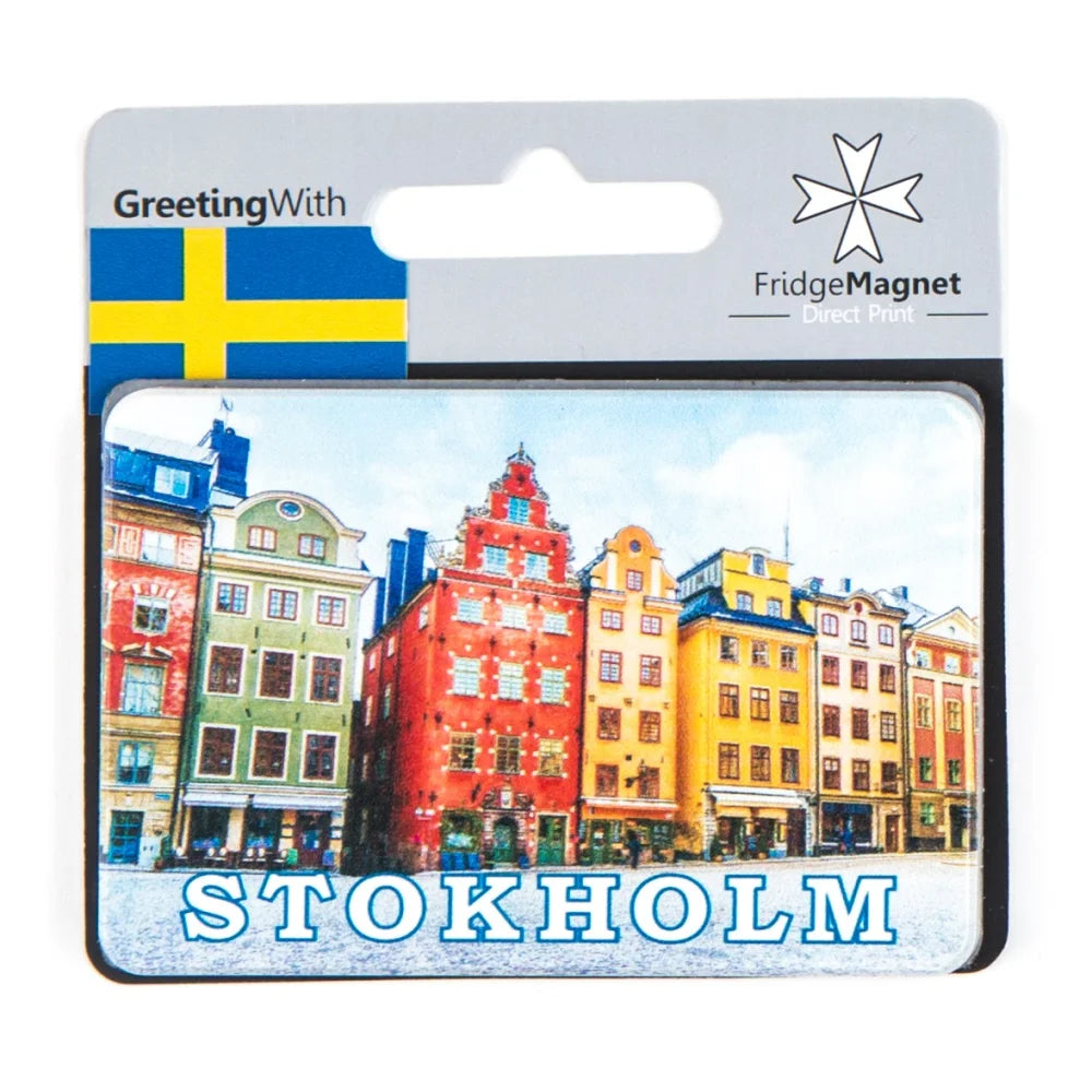 Colorful Stockholm fridge magnets featuring famous buildings in Gamla Stan, perfect for souvenirs