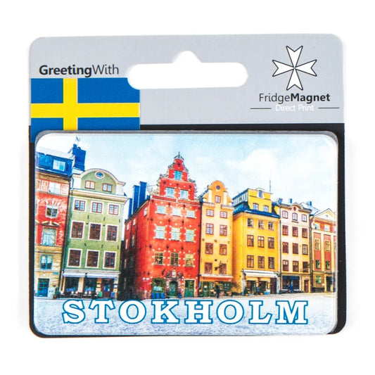 Colorful Stockholm fridge magnets featuring famous buildings in Gamla Stan, perfect for souvenirs