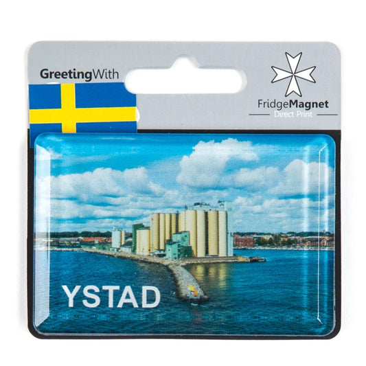 Ystad fridge magnet featuring a scenic view of the harbor and buildings along the waterfront