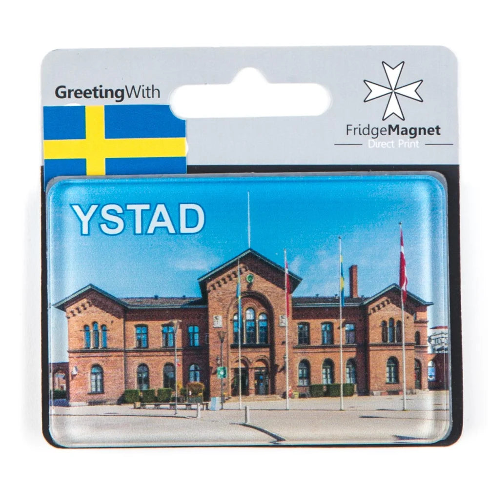 Ystad fridge magnets featuring the iconic Ystad railway station building in vibrant colors