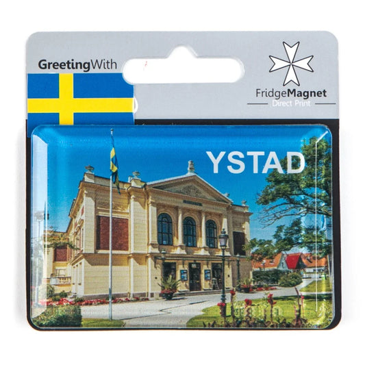 Ystad souvenir magnet featuring the town hall and Swedish flag for memorable keepsakes