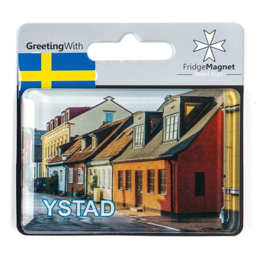 Ystad souvenir magnet showcasing colorful buildings on a charming street in Ystad, Sweden