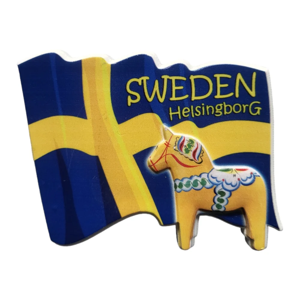 Helsingborg fridge magnet featuring the Swedish flag and a traditional Dala horse design