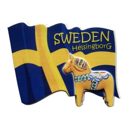 Helsingborg fridge magnet featuring the Swedish flag and a traditional Dala horse design