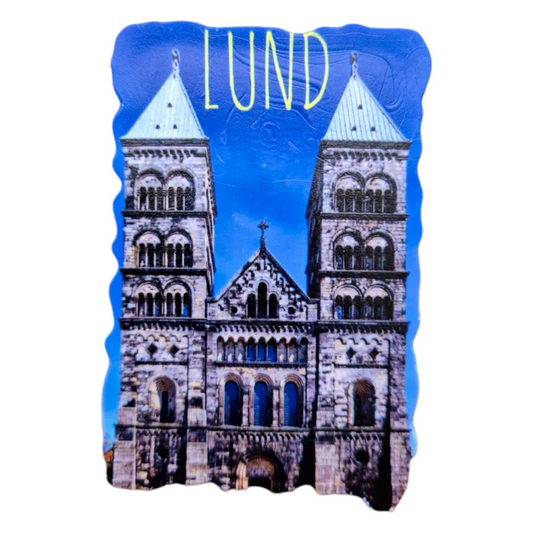 Lund fridge magnet featuring the historic Lund Cathedral with a blue sky background