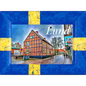 Lund fridge magnet featuring a historic brick building and a blue-yellow Swedish flag design