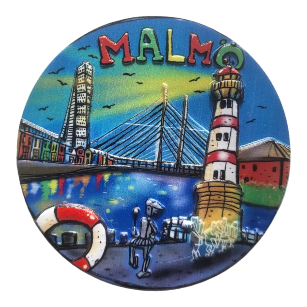Malmö fridge magnet featuring colorful skyline and iconic bridge design