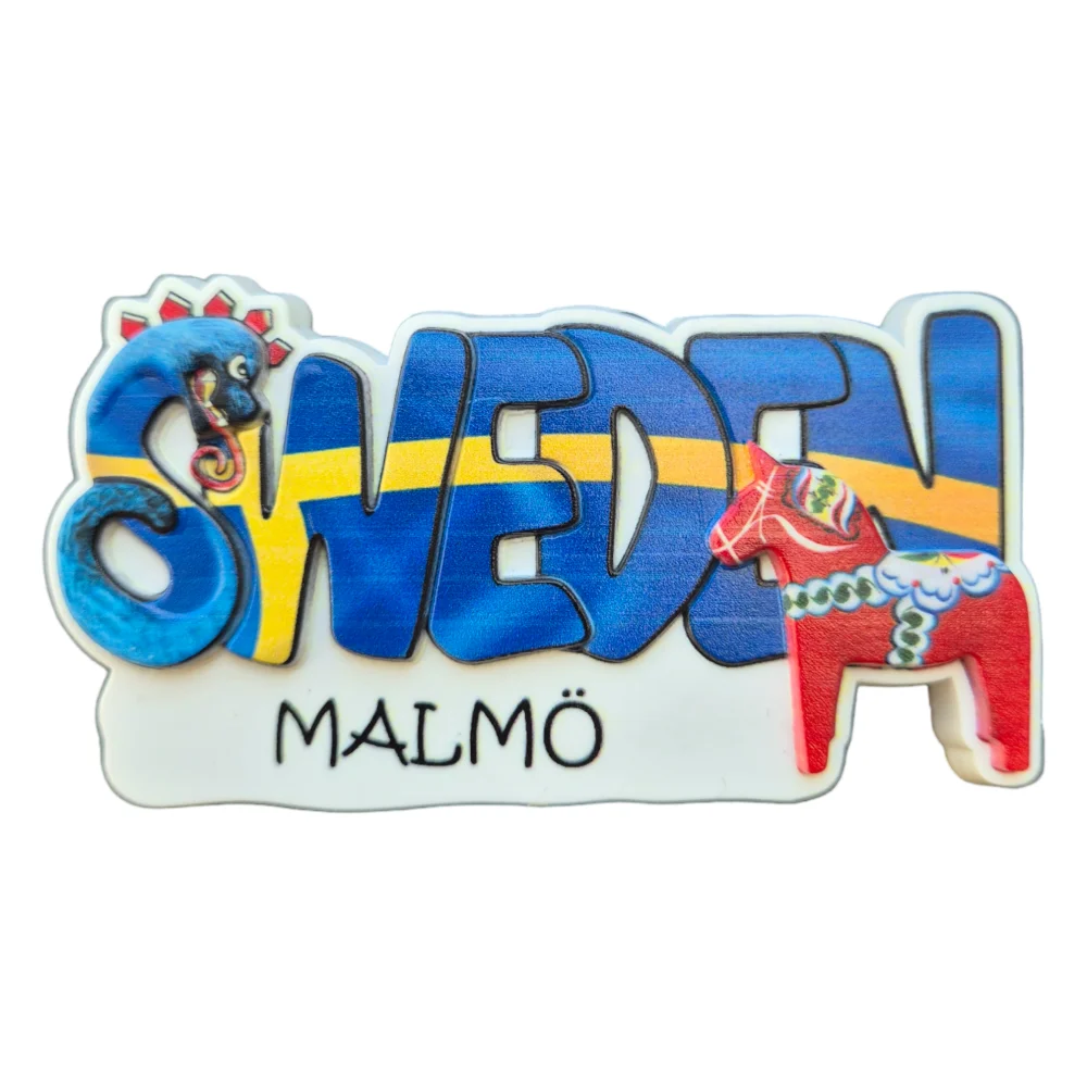 Colorful Malmö fridge magnet featuring the word Sweden and traditional Swedish designs