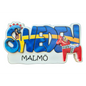 Colorful Malmö fridge magnet featuring the word Sweden and traditional Swedish designs