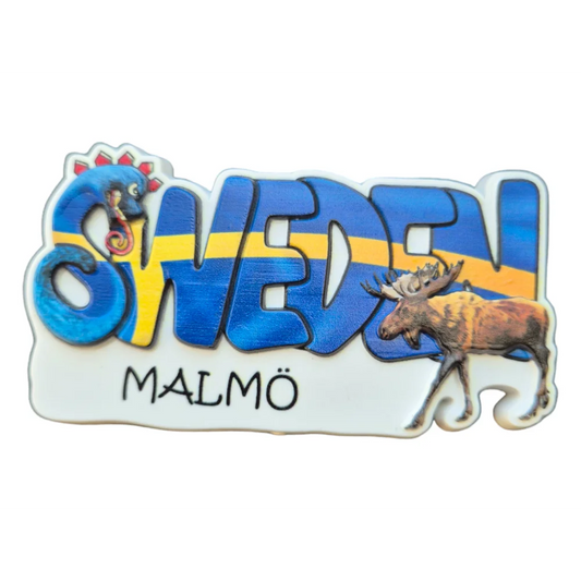 Colorful Malmö fridge magnet featuring Sweden's flag and moose design for souvenir collectors