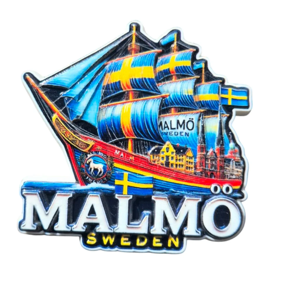 Vibrant Malmö ship magnet featuring colorful sails and iconic Swedish landmarks
