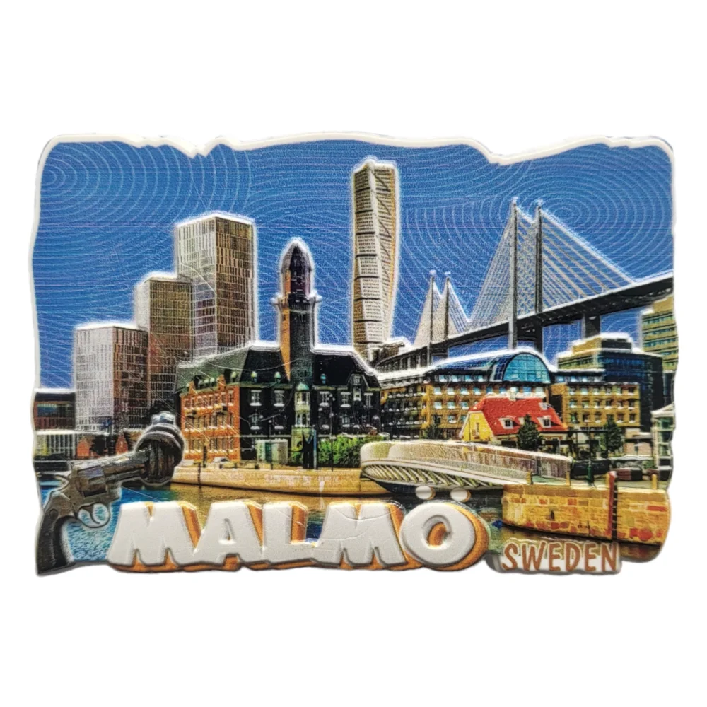 Malmö skyline magnet featuring iconic buildings and the city bridge in vibrant colors