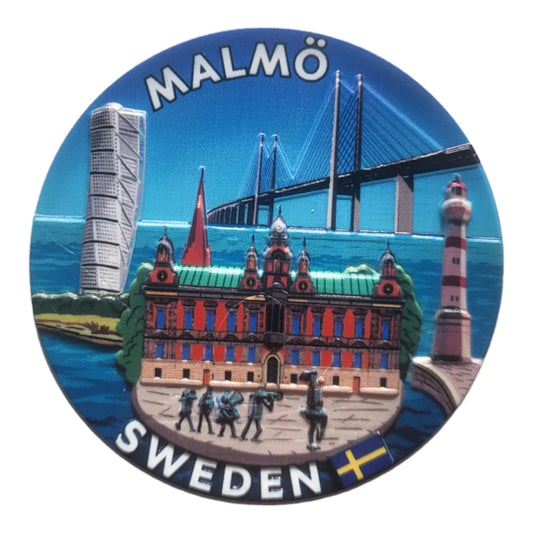 Malmö souvenir fridge magnet featuring the Turning Torso and iconic landmarks from Malmö, Sweden