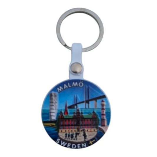 Colorful Malmö souvenir keychain featuring iconic landmarks and the Öresund Bridge