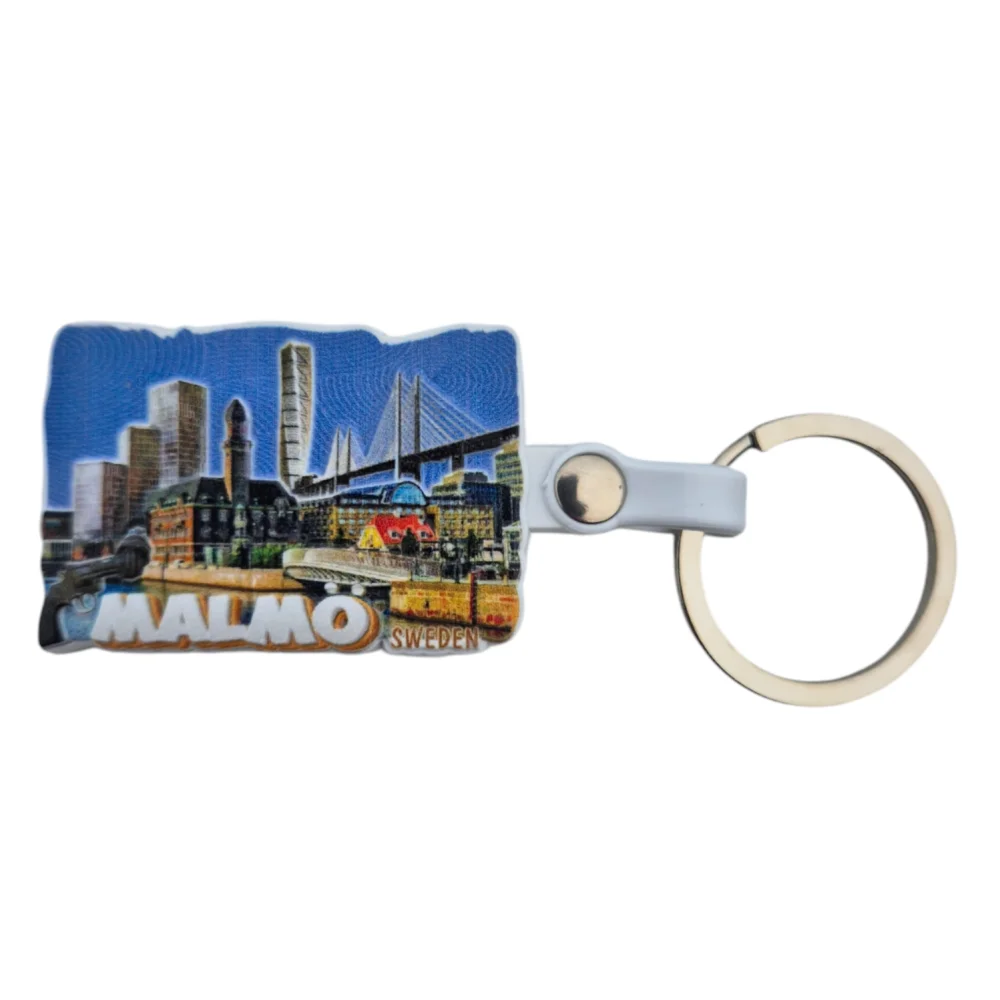 Malmö souvenir keyring featuring a colorful cityscape design of Malmö, Sweden