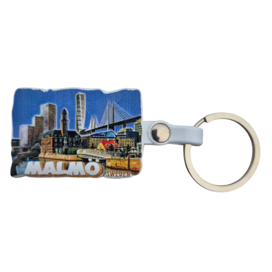 Malmö souvenir keyring featuring a colorful cityscape design of Malmö, Sweden