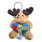 Moose keychain plush featuring a tan moose holding a blue heart that says I Love Sweden