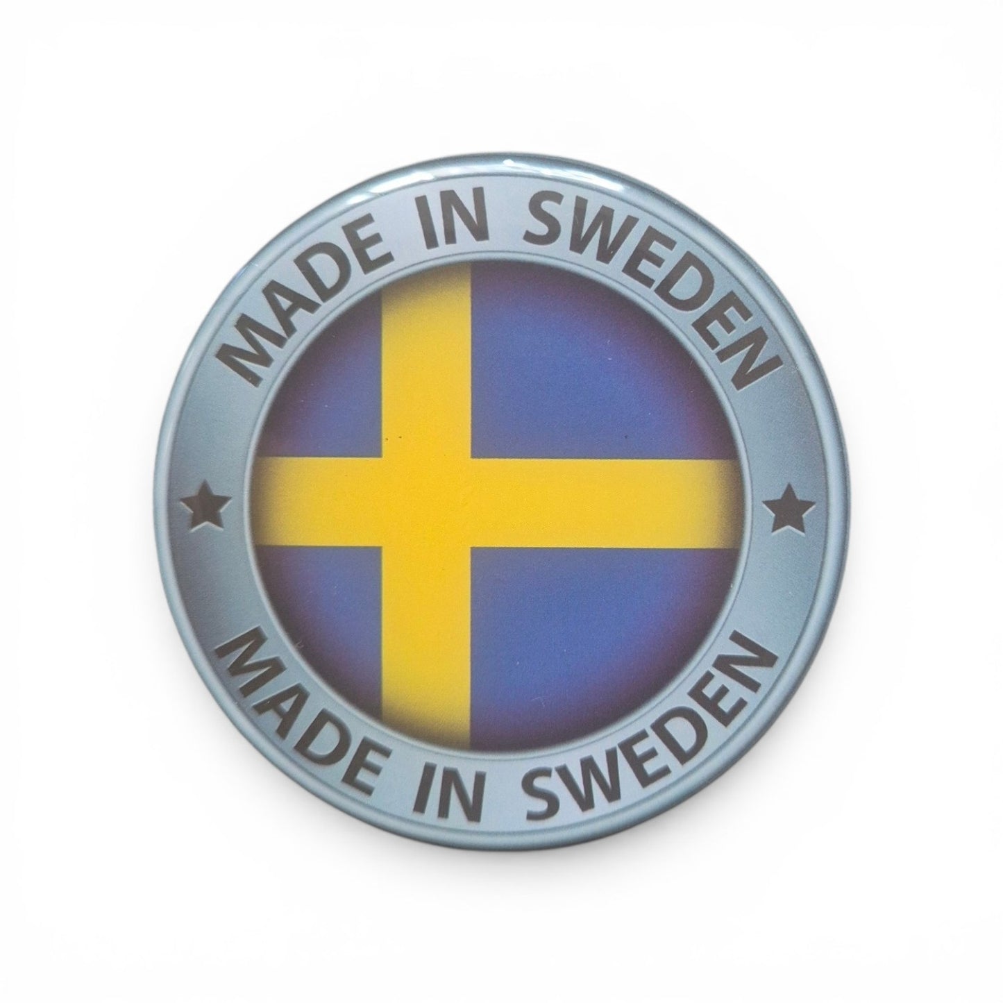 Kylskåpsmagnet, silvercirkel, tillverkad i Sverige