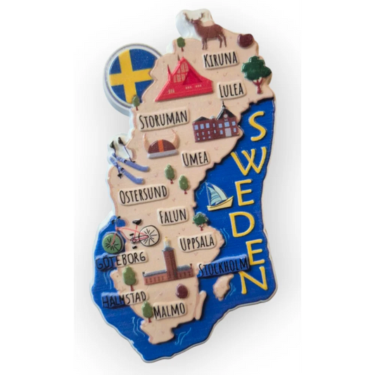 Sweden map souvenir midi featuring key cities and landmarks in colorful design