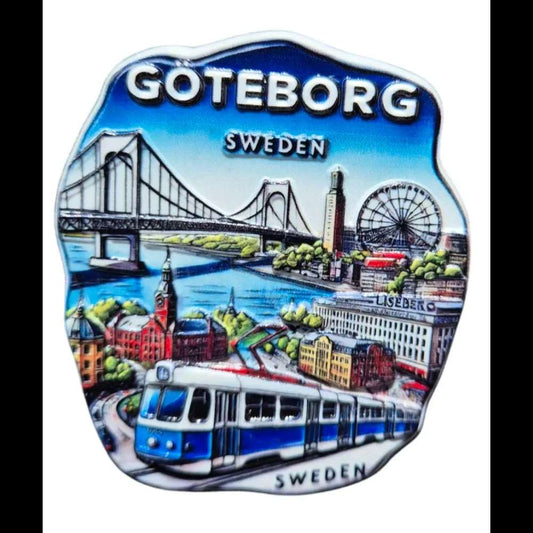 Vibrant Gothenborgh souvenir magnet showcasing iconic landmarks and tram in colorful design