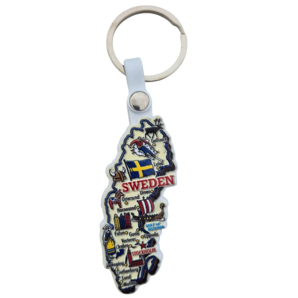 Customizable Sweden map keychain featuring iconic landmarks and vibrant colors