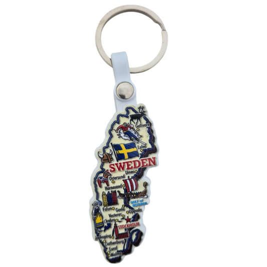 Customizable Sweden map keychain featuring iconic landmarks and vibrant colors