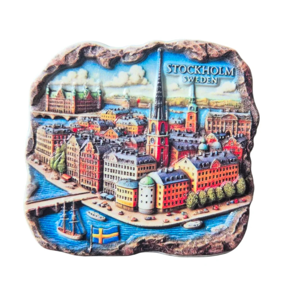 Colorful Stockholm fridge magnet featuring a picturesque view of the cityscape and landmarks