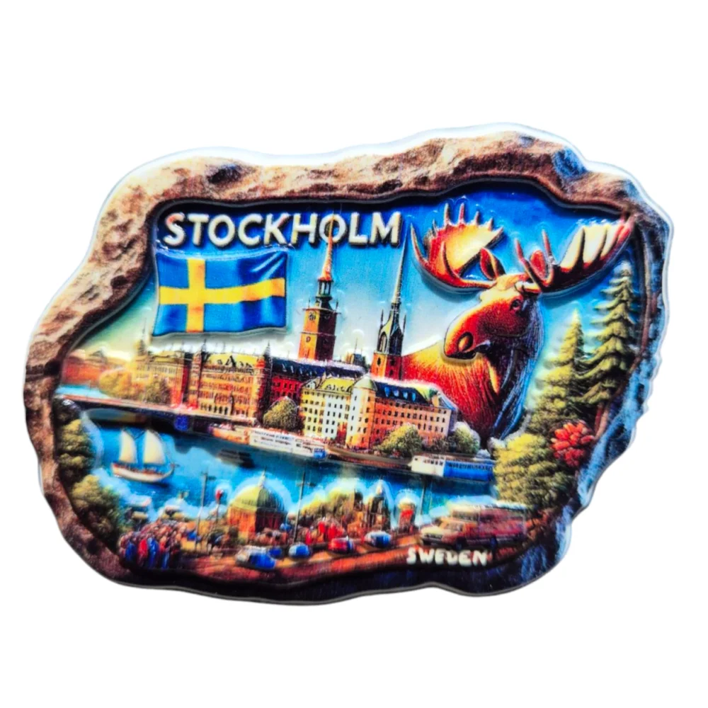 Colorful Stockholm fridge magnet featuring a scenic view of the city and a moose design