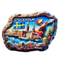 Colorful Stockholm fridge magnet featuring a scenic view of the city and a moose design