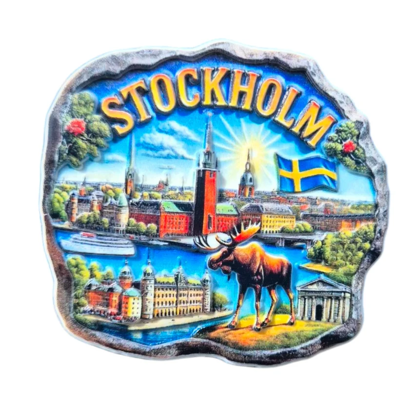 Colorful Stockholm fridge magnet featuring iconic landmarks and a moose design
