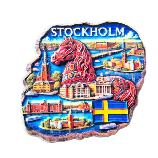 Colorful Stockholm fridge magnet featuring iconic landmarks and a horse design