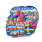 Colorful Stockholm fridge magnet featuring iconic landmarks and a horse design