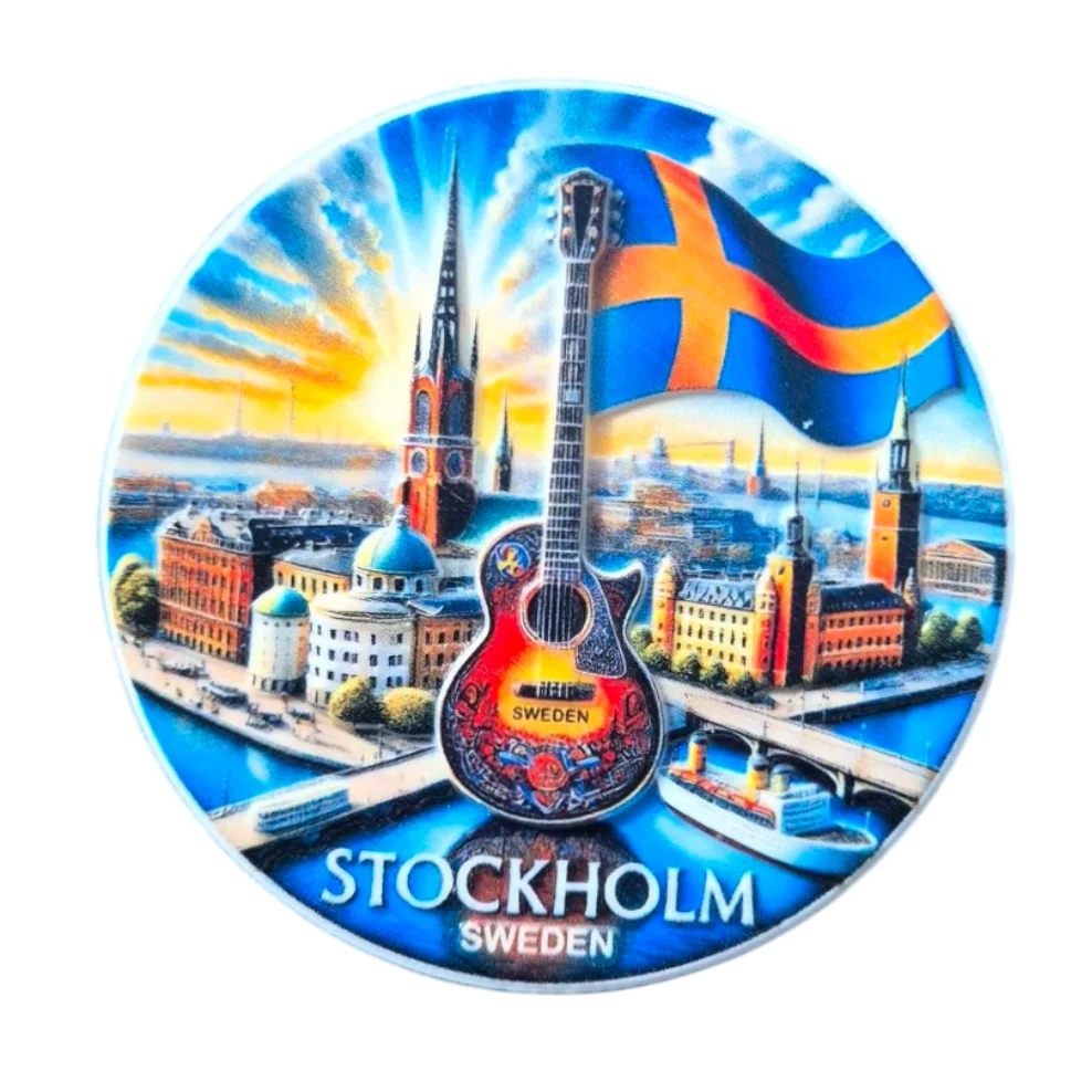 Colorful Stockholm fridge magnet souvenir featuring a guitar and iconic skyline elements