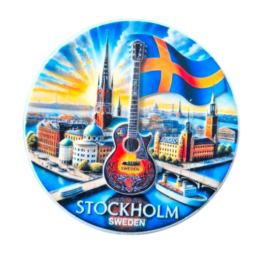 Colorful Stockholm fridge magnet souvenir featuring a guitar and iconic skyline elements