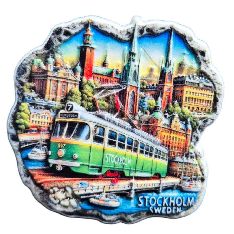 Colorful Stockholm fridge magnet souvenir featuring iconic tram and city skyline