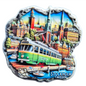 Colorful Stockholm fridge magnet souvenir featuring iconic tram and city skyline
